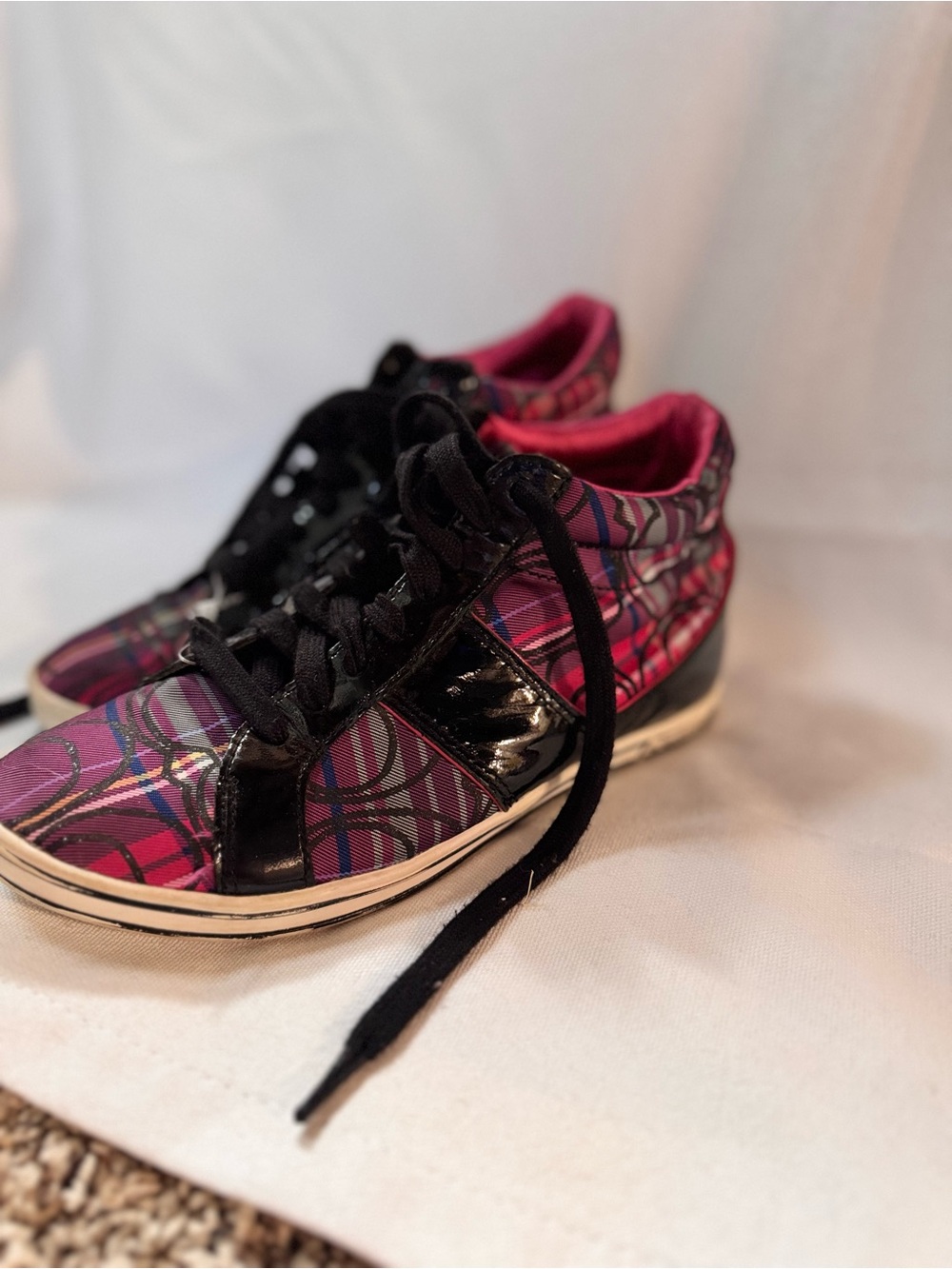 Coach Pink Plaid High-Top Sneakers with Black Trim